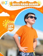 Boys Swim Shirt Orange Short Sleeve Rash Guard for Boys Rashguard for Kids Youth UPF+ 50 Water Shirts for Boys Sun Shirt for Beach Surfing Fishing Swim Wear