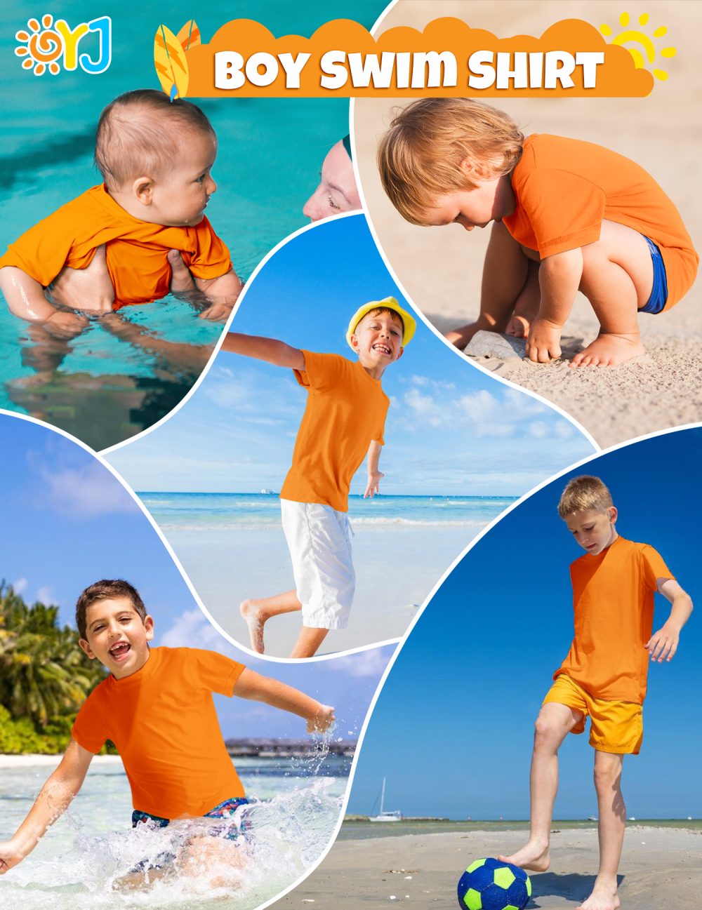 Boys Swim Shirt Orange Short Sleeve Rash Guard for Boys Rashguard for Kids Youth UPF+ 50 Water Shirts for Boys Sun Shirt for Beach Surfing Fishing Swim Wear