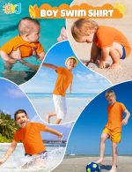 Boys Swim Shirt Orange Short Sleeve Rash Guard for Boys Rashguard for Kids Youth UPF+ 50 Water Shirts for Boys Sun Shirt for Beach Surfing Fishing Swim Wear