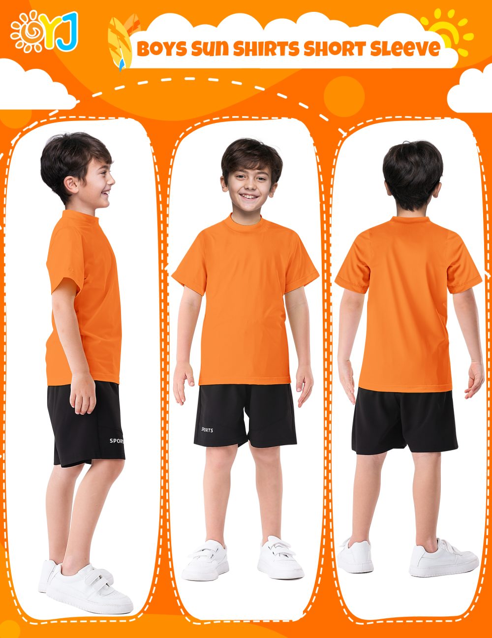 Boys Swim Shirt Orange Short Sleeve Rash Guard for Boys Rashguard for Kids Youth UPF+ 50 Water Shirts for Boys Sun Shirt for Beach Surfing Fishing Swim Wear